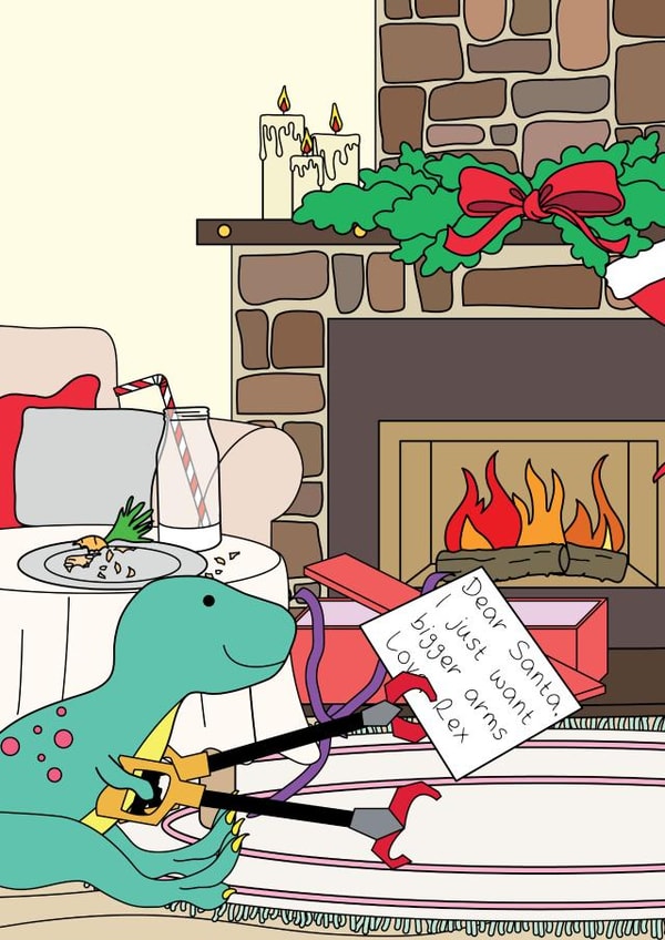 Funny Christmas Card - Bigger T-Rex Arms - Christmas Morning Dinosaur created by Dinosaurs Doing Stuff