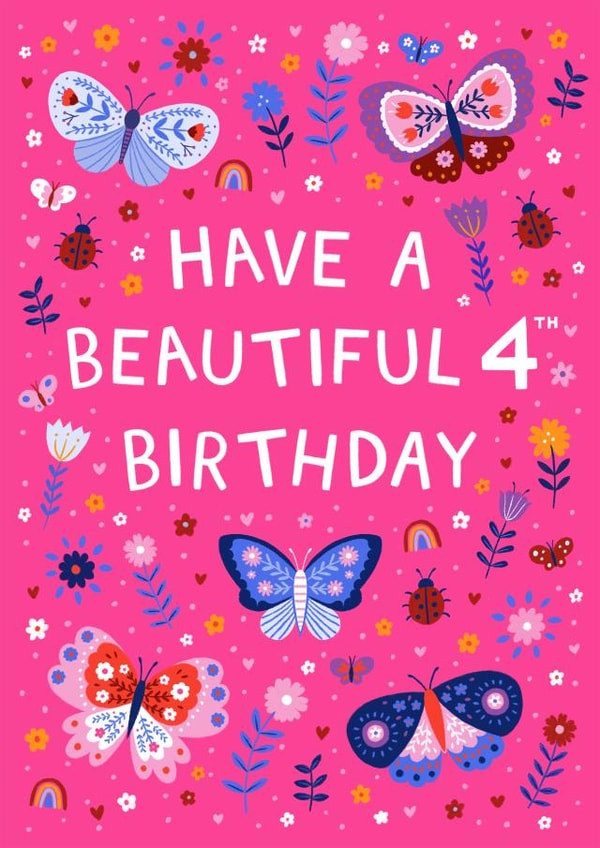 Cute 4th Birthday Card - Butterflies And Ladybirds - For Her created by Pear Tree Press