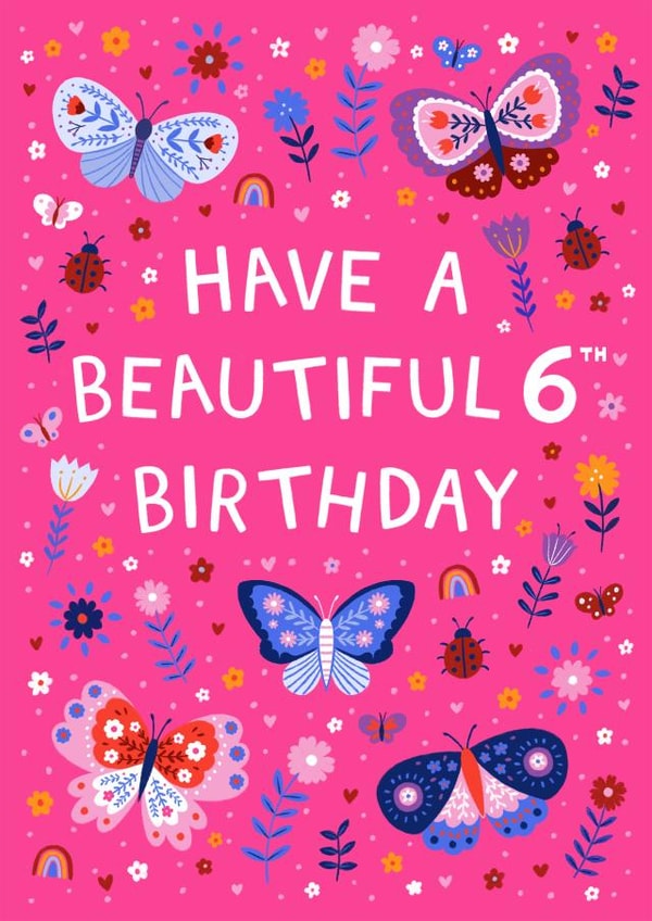 Cute 6th Birthday - Butterflies And Ladybirds - For Her created by Pear Tree Press