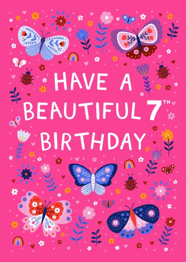 Cute 7th Birthday Card - Butterflies And Ladybirds - For Her created by Pear Tree Press
