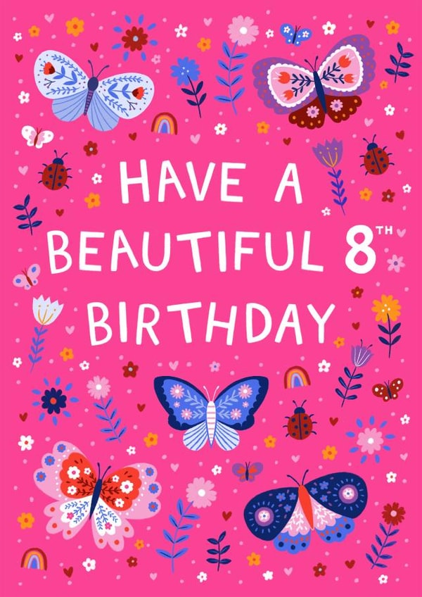 Cute 8th Birthday Card - Butterflies And Ladybirds - For Her created by Pear Tree Press