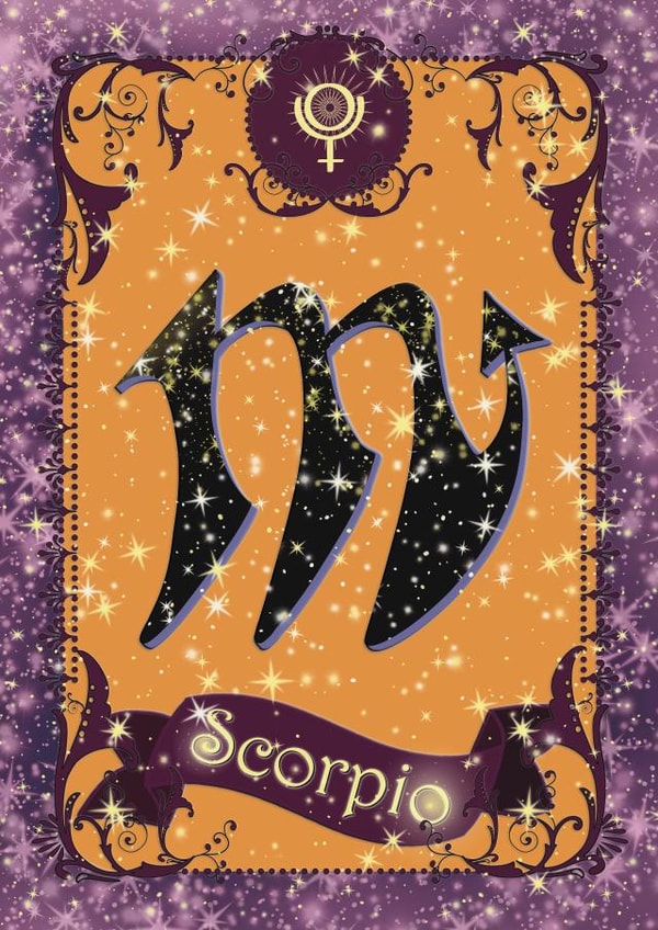 Pretty zodiac birthday card for Scorpio astrology star sign, October November created by Violet Spicer