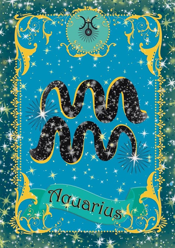 Pretty zodiac birthday card for Aquarius astrology star sign, January February created by Violet Spicer