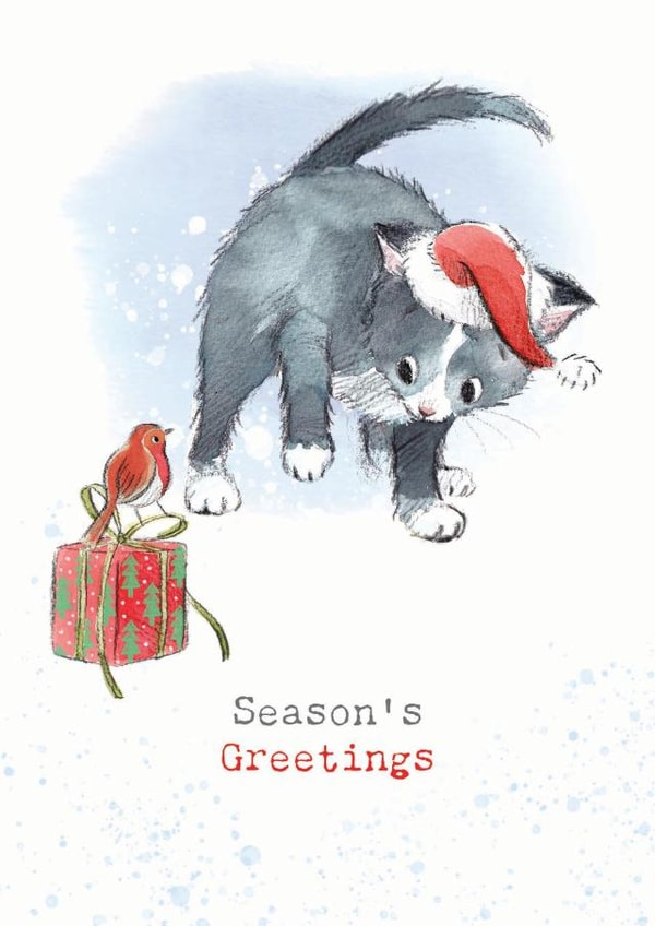 Cute Christmas Card - Seasons Greetings - Cat And A Robin created by Paper Shed Design