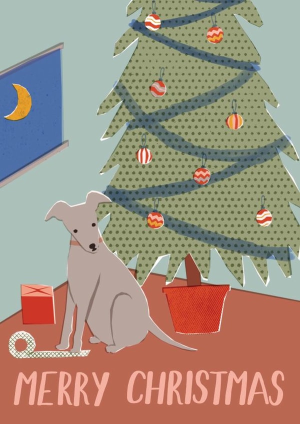 Cute Christmas card Dog Wrapping Presents created by Louisa Taylor