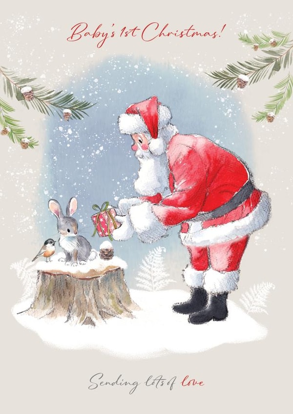 Cute Christmas Card - Baby 1st Christmas - Santa Handing Gift To Rabbit created by Paper Shed Design