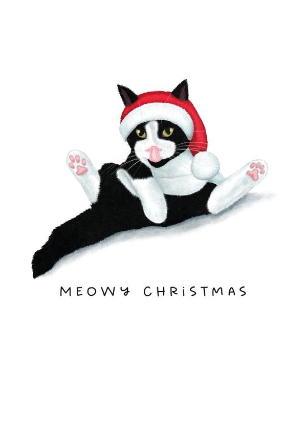 Funny Christmas Card - Black And White Tuxedo Cat - Meowy created by badgerbee design