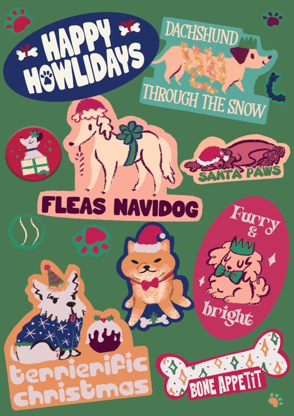 Funny Dog Lover Christmas card - Sticker illustration all Christmas paw puns created by Quitting Hollywood