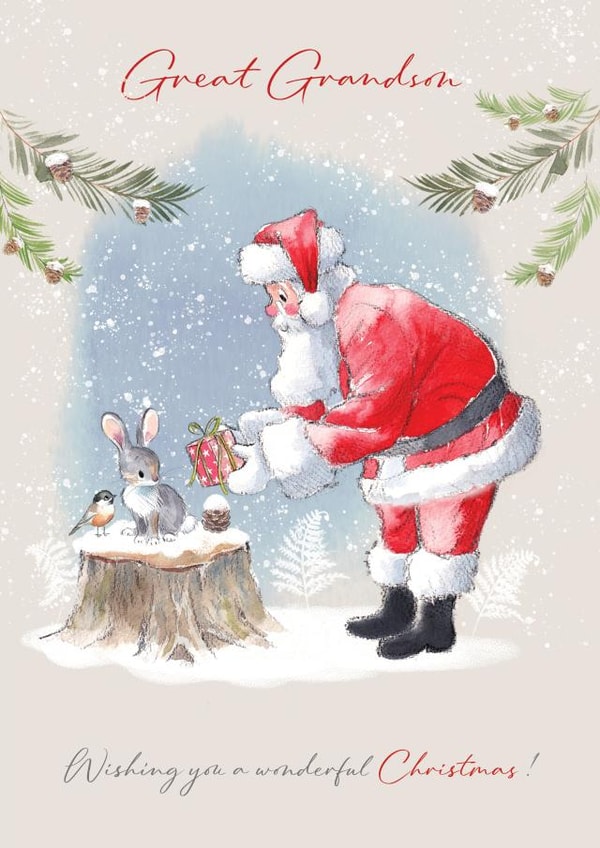 Cute Christmas Card - For Great Grandson - Santa Handing Gift To Rabbit created by Paper Shed Design