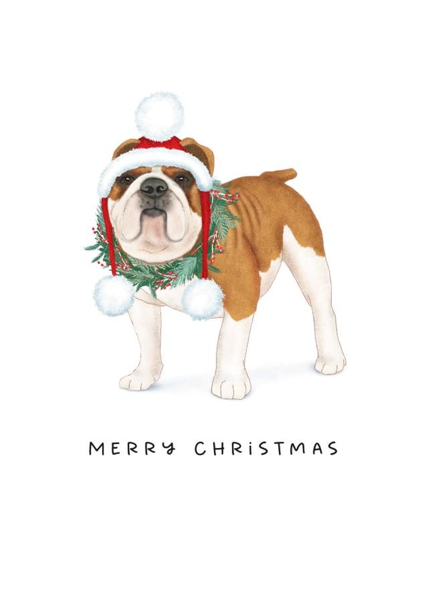 Cute Christmas Card - Bulldog - Wreath created by badgerbee design