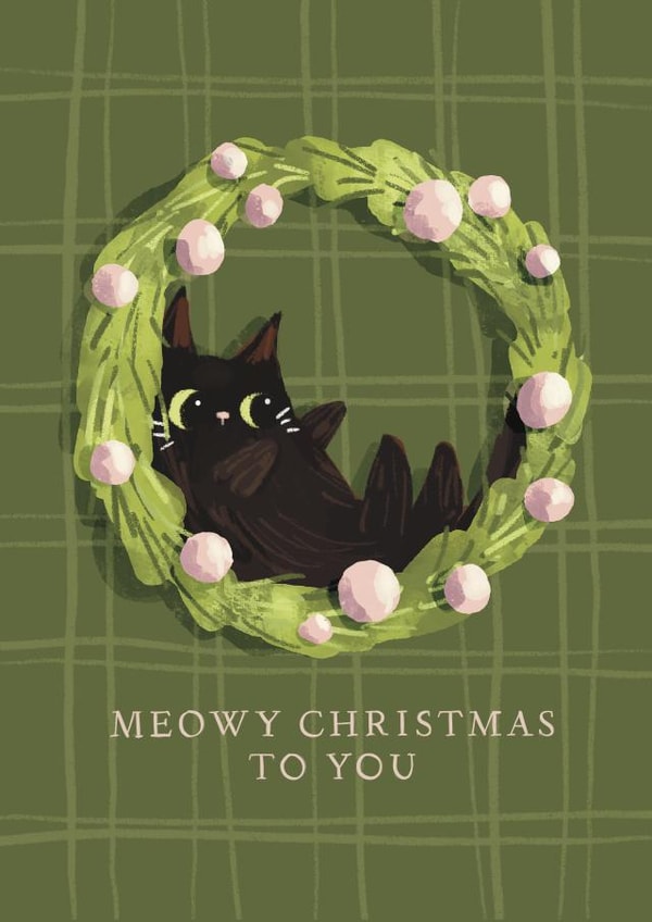 Cute Christmas Card - Cat In Wreath - Meowy Christmas created by Julep and Trubbs