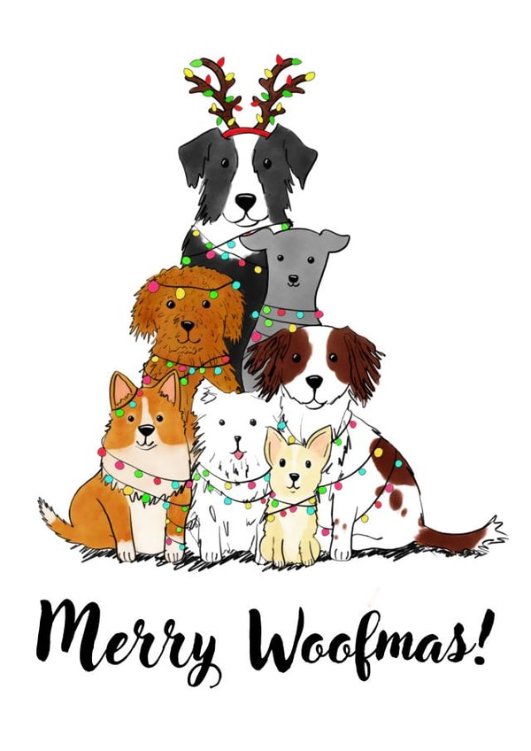 Cute Christmas Card - Merry Woofmas! - Dogs created by Skipping Wren