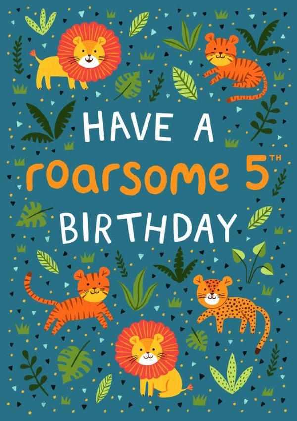 Cute 5th Birthday Card - Lions, Tigers & Leopards - Roarsome created by Pear Tree Press