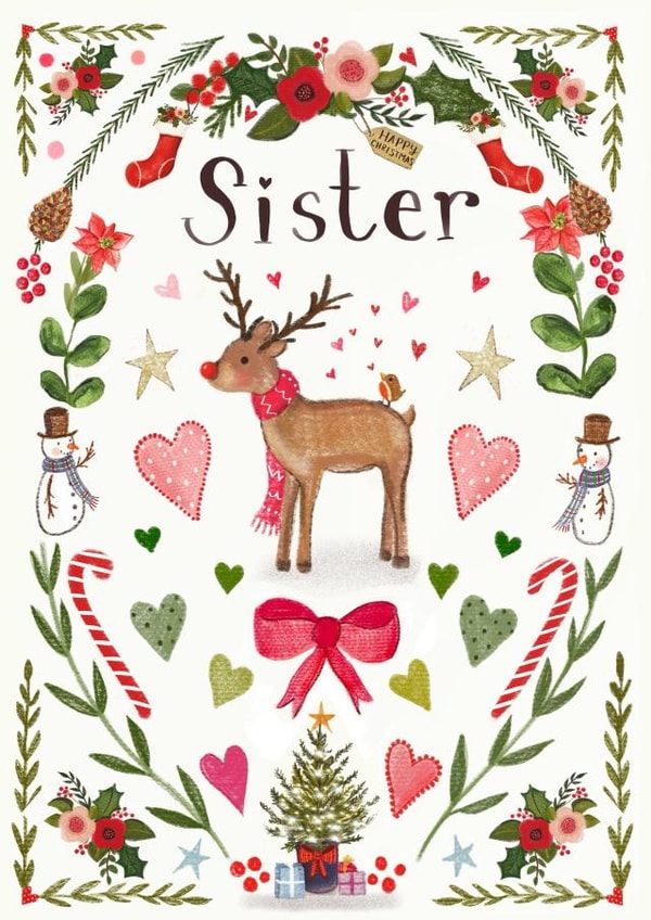 Pretty Christmas Card - For Sister - Rudolph created by Love Lucy Illustration