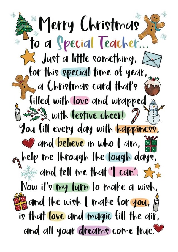 heartfelt Christmas Card - Special Teacher - Poem created by And You Can Quote Me
