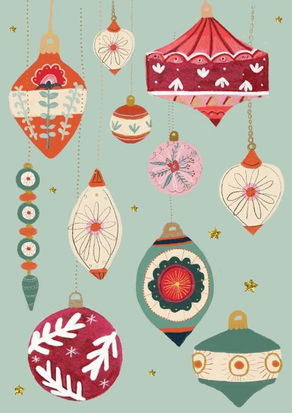Traditional Christmas card, featuring vintage baubles created by Sally Darby Illustration