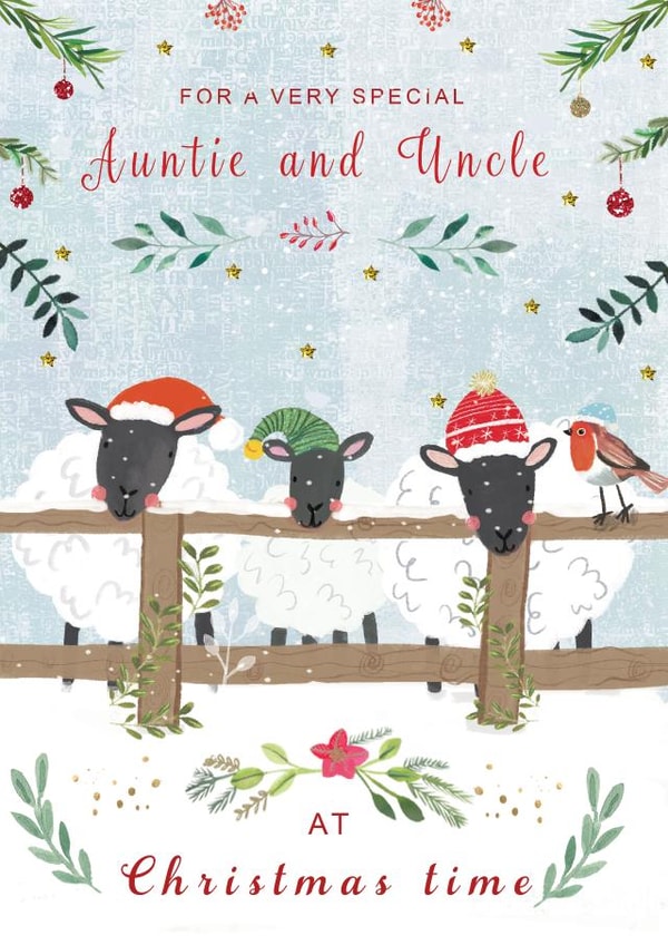 Cute Christmas card featuring a sheep family with Christmas hats. created by Sally Darby Illustration
