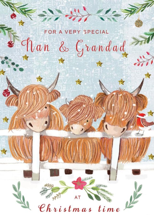 Cute Christmas card for Nan and Granddad featuring a family of highland cattle. created by Sally Darby Illustration