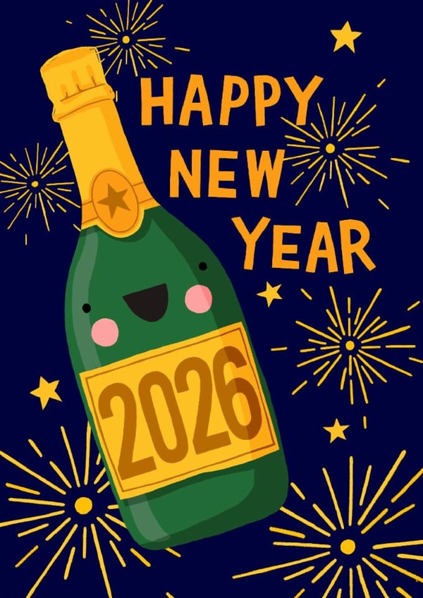 Cute Champagne Bottle New Year Card - Fireworks - Celebration created by Nicola Watson