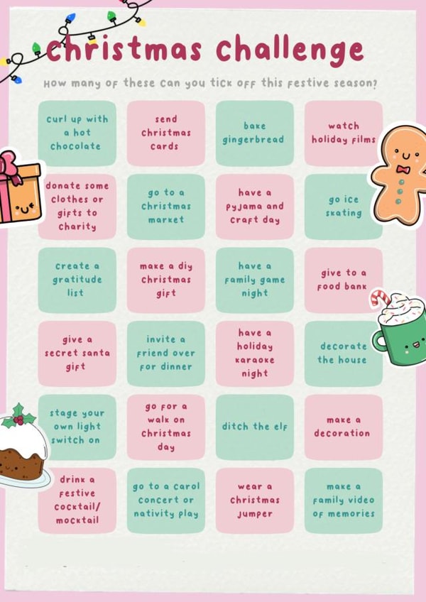 Fun Christmas Challenge Card with Festive Activities | Holiday Bucket List created by Axel's Playroom