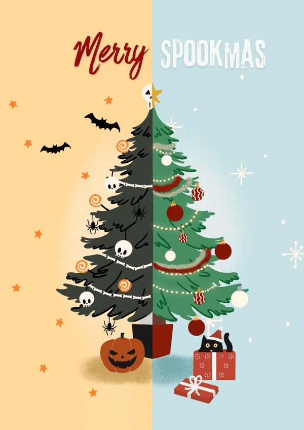 Spooky Christmas Card - Merry Spookmas - Halloween and Christmas Mashup Tree created by Bee Oyerinde