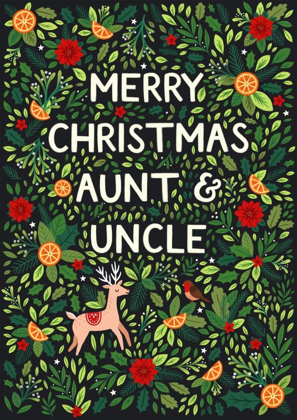 Pretty Christmas Card - For Aunt & Uncle - Reindeer And Robin created by Pear Tree Press