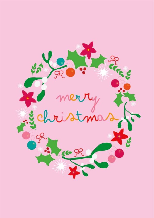 Merry Christmas wreath colourful Christmas card created by Skew Whiff Design & Illustration