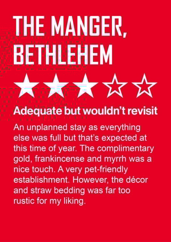 Funny Christmas Card - Mary's three star review of the manger! created by Versed Aid