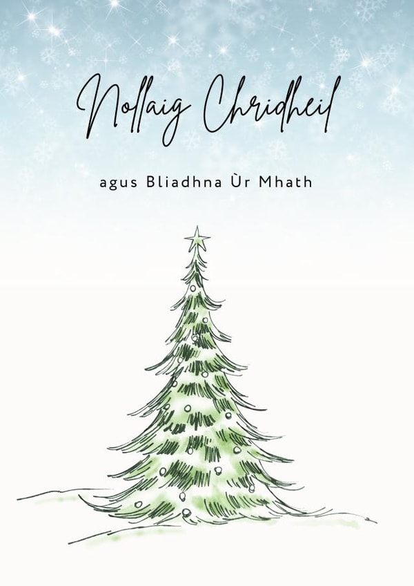 Gaelic Greetings card - Christmas - Snowfall - Tree created by Cairtean le Sarah