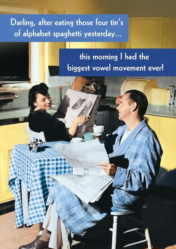 Funny Birthday Card - Alphabet Spaghetti - Vowel Movement created by Quitting Hollywood