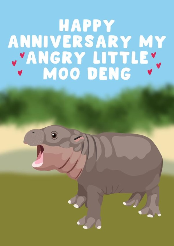 Cute Anniversary Card - Angry Little Moo Deng - Hippo created by Pink Peach Cards