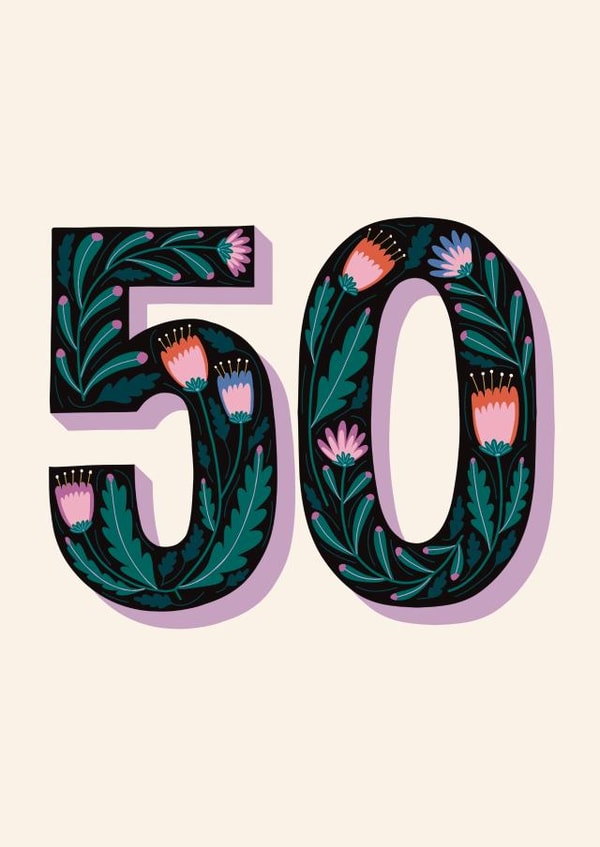 Pretty 50th Birthday Card - For Her - Flowers created by Christine Cuddihy Illustration