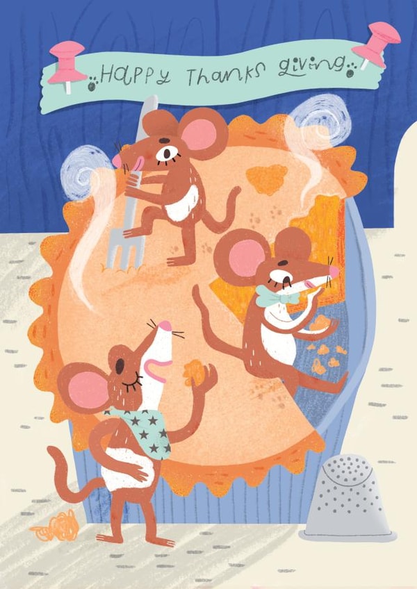 Adorable Thanksgiving card - Mice enjoying pumpkin pie with 'Happy Thanksgiving created by Gina Shord