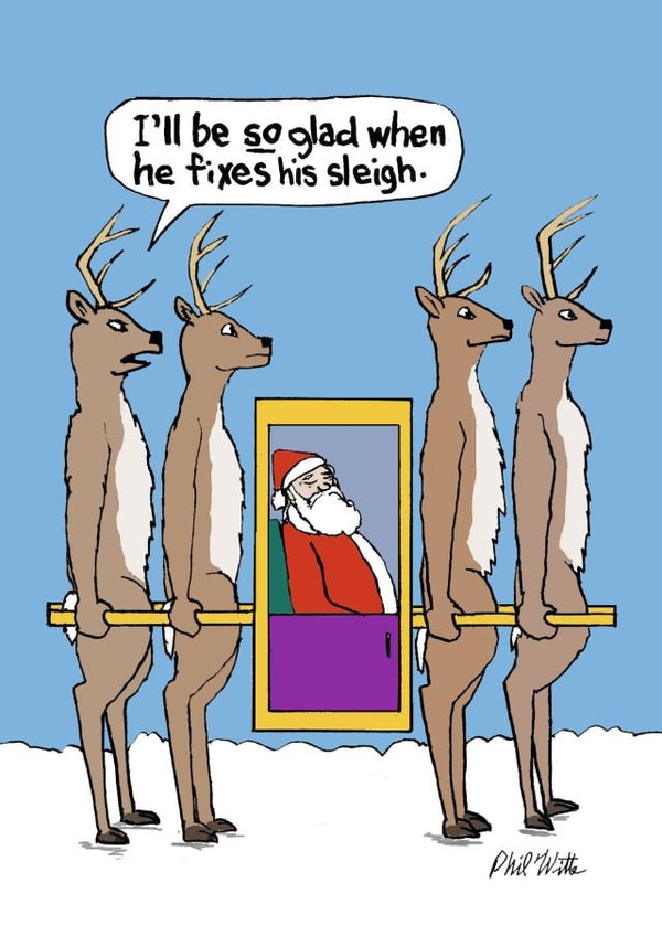 Funny Christmas Card - Reindeer Carrying Santa - Broken Sleigh created by Phil Witte