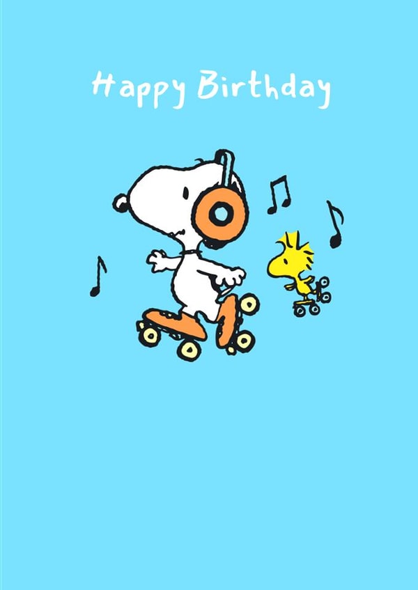 Snoopy and Woodstock Birthday Card – Peanuts – Rollerskating created by Danilo