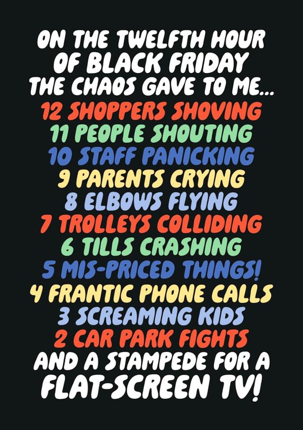 Funny Anti-Black Friday Christmas Card - On The Twelfth Hour - Black Friday created by Studio Doodles