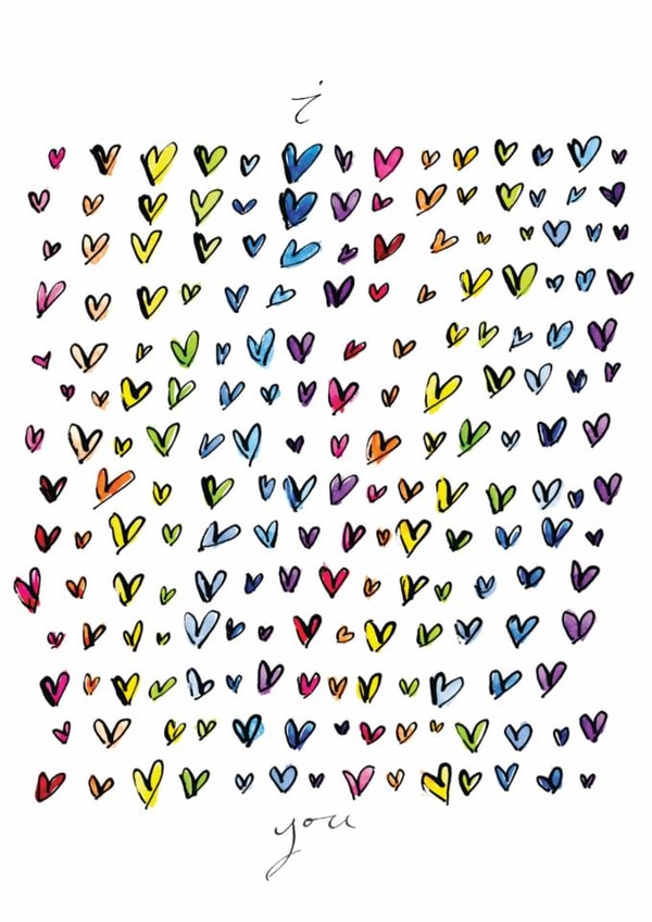 Arty Anniversary/Valentine's Day Card - Rainbow Hearts - Calligraphy created by Gabrielle Solly Illustration