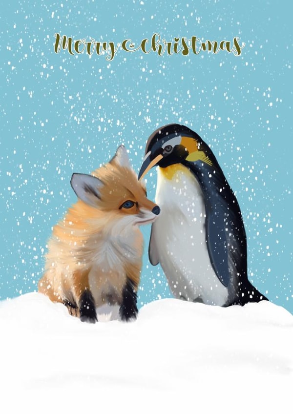 Fox cube and Penguin festive card created by Sarah Barker Illustrations