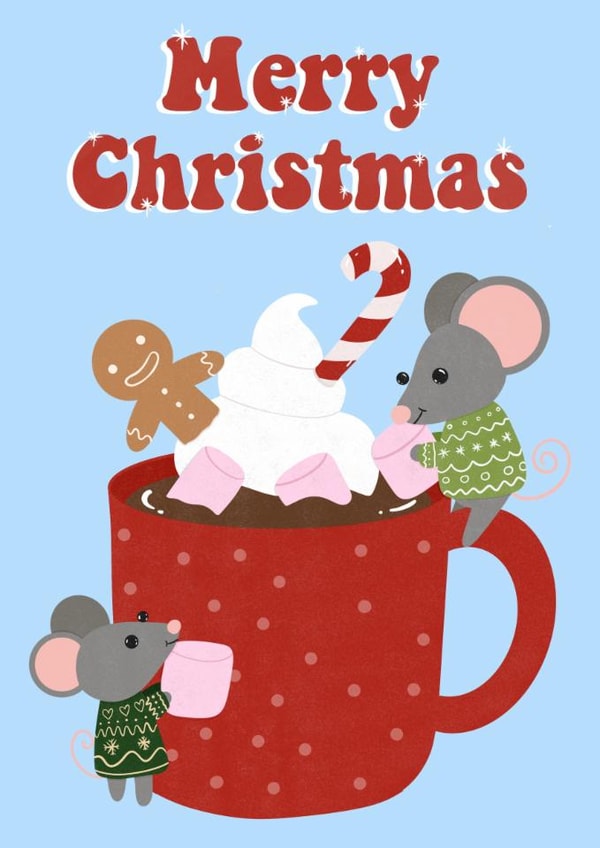 Christmas Cute Mouse card hot chocolate hand drawn illustration created by Megan-Ceri Dabbs