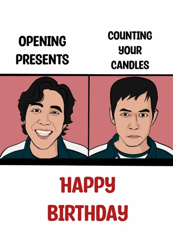 Funny Birthday Card - Squid Game - Presents Versus Candles created by Doublea