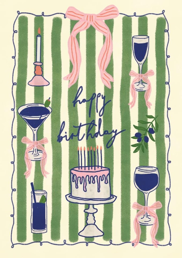 Cute Birthday Card featuring wine, cake and cocktail illustrations. created by Hello August Studio