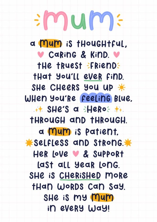 Heartfelt Mother’s Day Card - For Mum - Poem created by Joanne Hawker