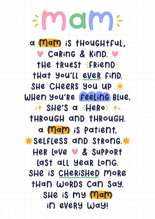 Heartfelt Mother’s Day Card - For Mam - Poem created by Joanne Hawker