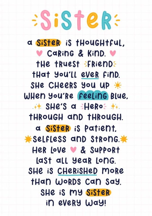 Heartfelt Birthday Card - For Sister - Poem created by Joanne Hawker