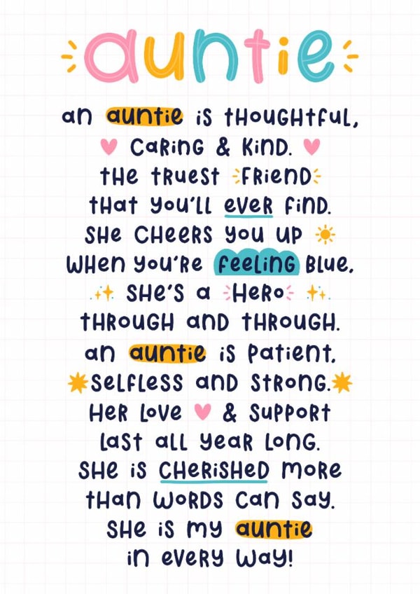 Heartfelt Mother’s Day Card - For Auntie - Poem created by Joanne Hawker