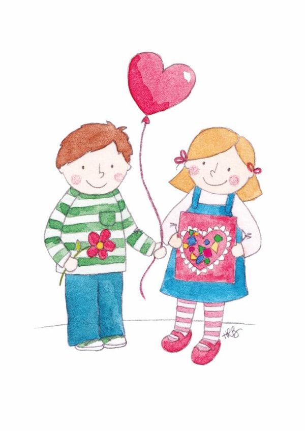 Cute hand-drawn watercolour illustration card - The gift exchange - I love you created by Blue Butterfly Paperie