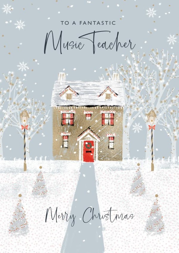 Classic Christmas Card - Music Teacher - Illustrated House in Snow created by Rebecca Prinn