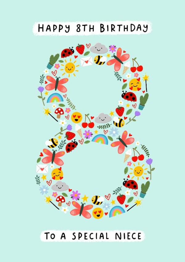 Cute 8th Birthday Card - For Niece - Mini Illustrations created by Macie Dot Doodles