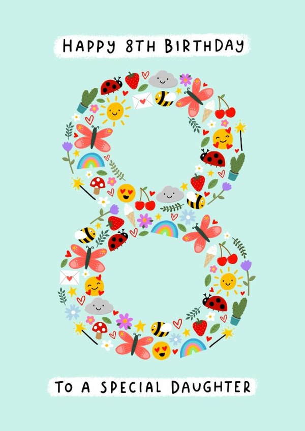 Cute 8th Birthday Card - For Daughter - Mini Illustrations created by Macie Dot Doodles