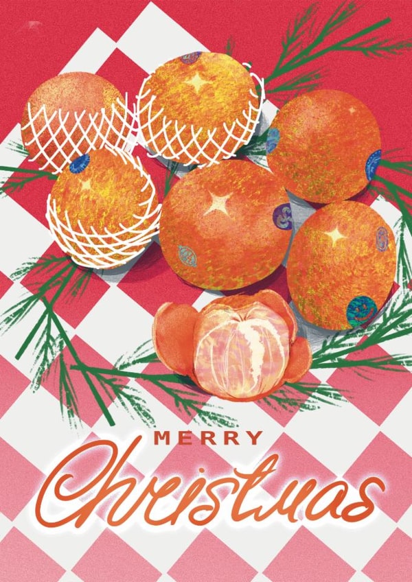 Christmas hand drawn card with tangerines in retro style. created by Alenkeit